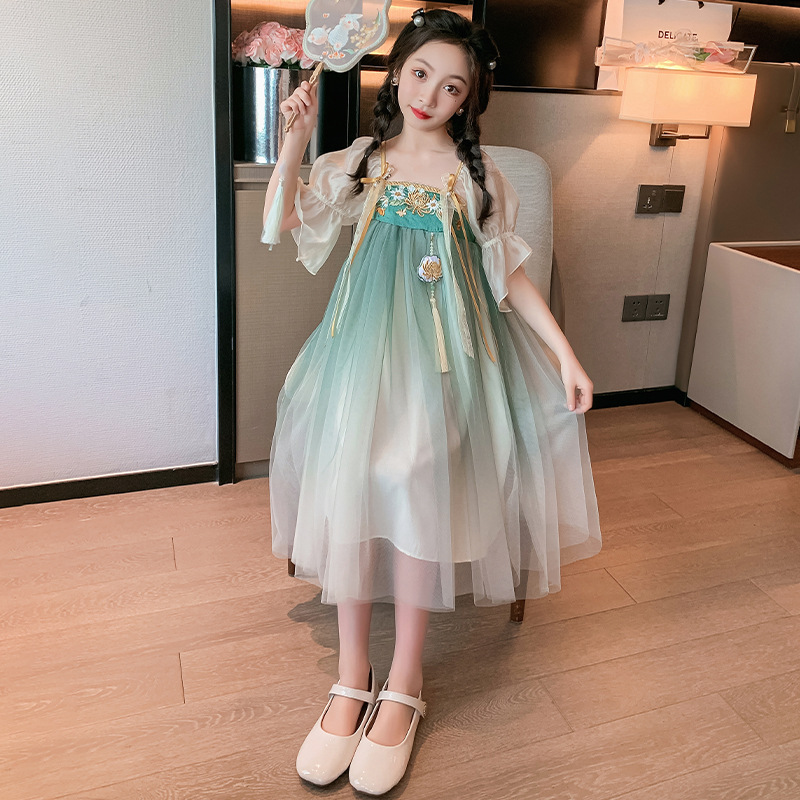 女童夏季刺绣汉服连衣裙2024新款儿童洋气公主裙小女孩长裙子纱裙
