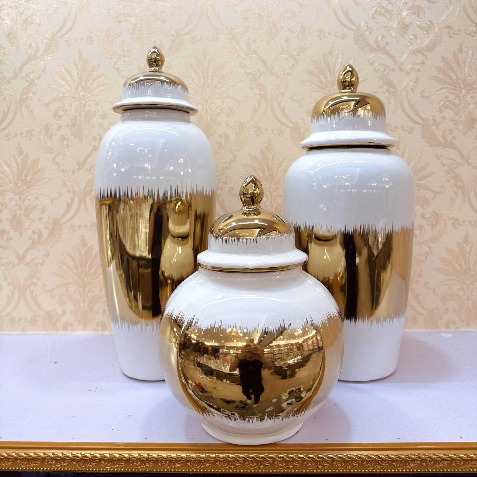 Crafts Furnishings Ornaments Factory Direct Cross-Border Electroplating Temple Jar Ceramic European Flower Vase Light Luxury