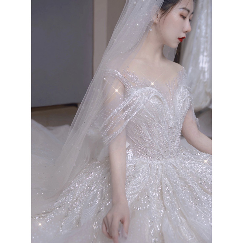 法式主婚纱2021秋季新款新娘气质一字肩大拖尾小个子仙气婚纱