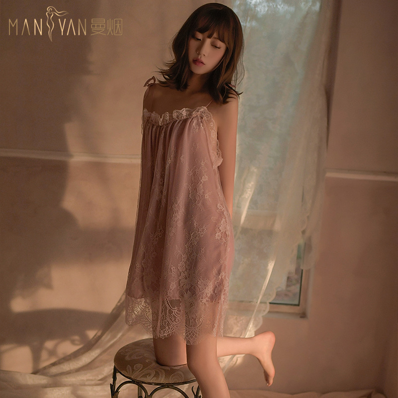 曼烟情趣内衣性感透视蕾丝吊带系带抹胸睡裙套装9883