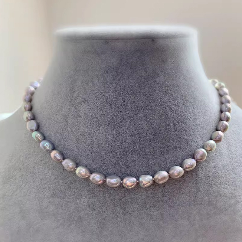 Silver Gray Baroque Shaped Natural Freshwater Pearl Necklace Women's All-Match Clavicle Chain Sweater Chain High-Grade Wholesale