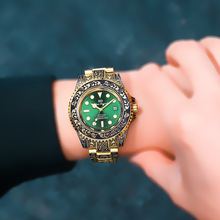 跨境电商首选复古雕刻花纹男士绿色手表超强夜光大牌防水绿水鬼表