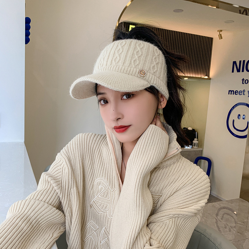 网红帽子女秋冬新款兔毛毛线帽加绒针织空顶鸭舌帽护耳保暖棒球帽