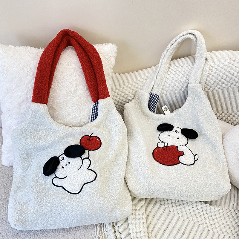 耶语/秋冬可爱毛绒绒刺绣羊羔绒女包大容量单肩包托特包原创设计-阿里