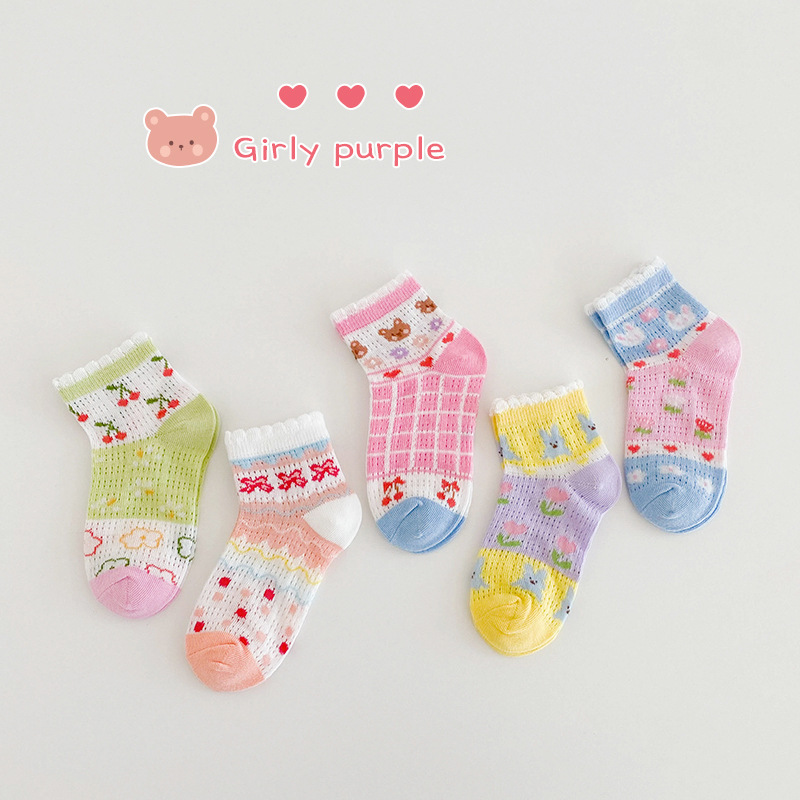 Children's Socks Wholesale 23 Spring and Summer Thin Cherry Flower Baby Mesh Stockings Wooden Ear Cotton Girls' Socks