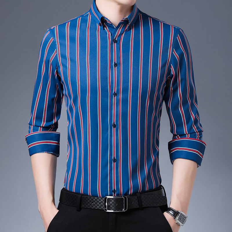 2022 Spring Striped Shirt Men's Long-Sleeved Stretch Slim Shirt Men's Business Light Luxury Leisure Iron-Free Shirt