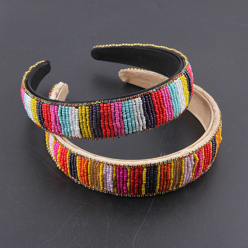 欧美跨境新款彩虹镶钻米珠发箍发饰亚马逊巴洛克手工串珠外贸头箍