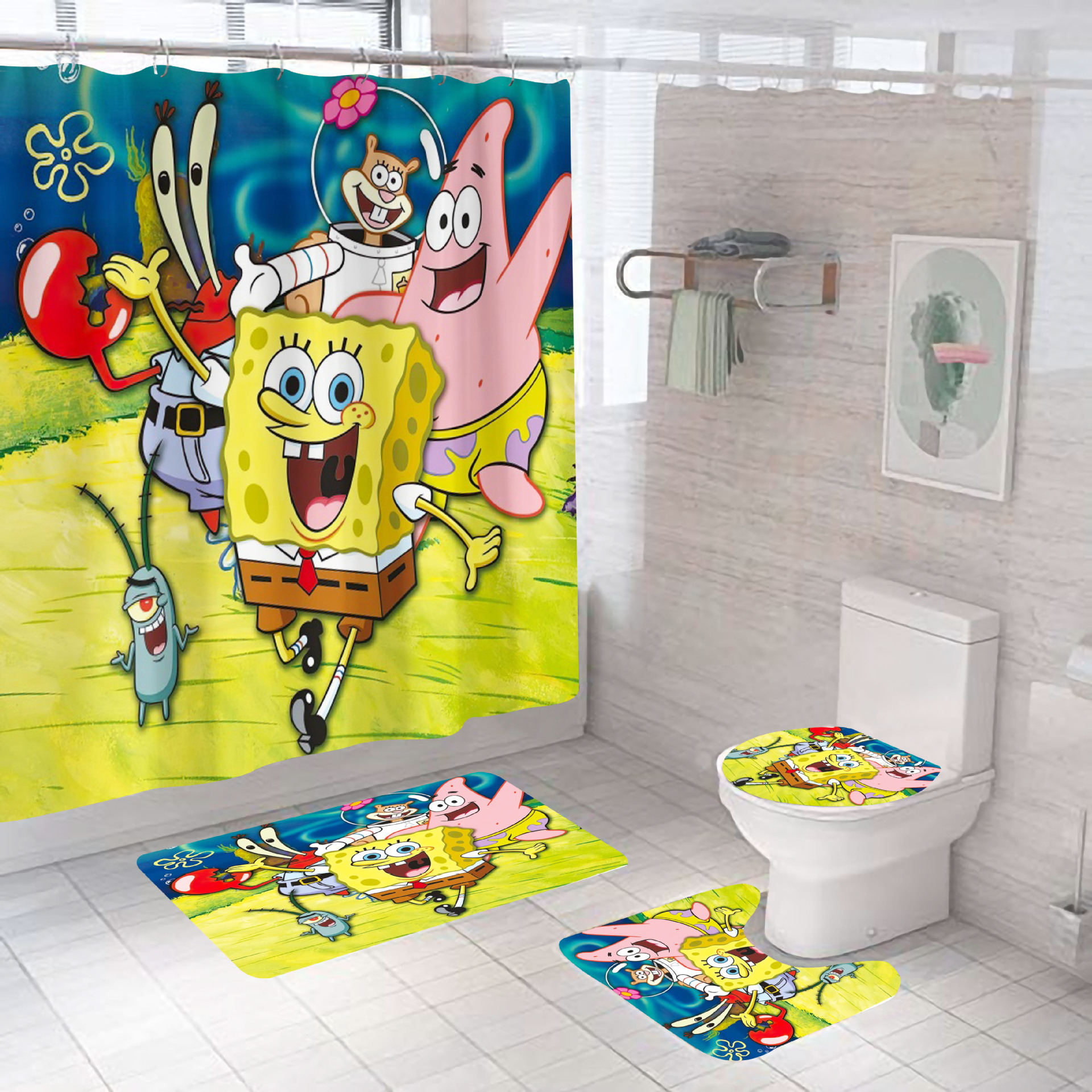 Factory Direct Sales Hot Sale Cartoon Anime HD Digital Printing Mildew-Proof Waterproof Polyester Bathroom Shower Curtain Set