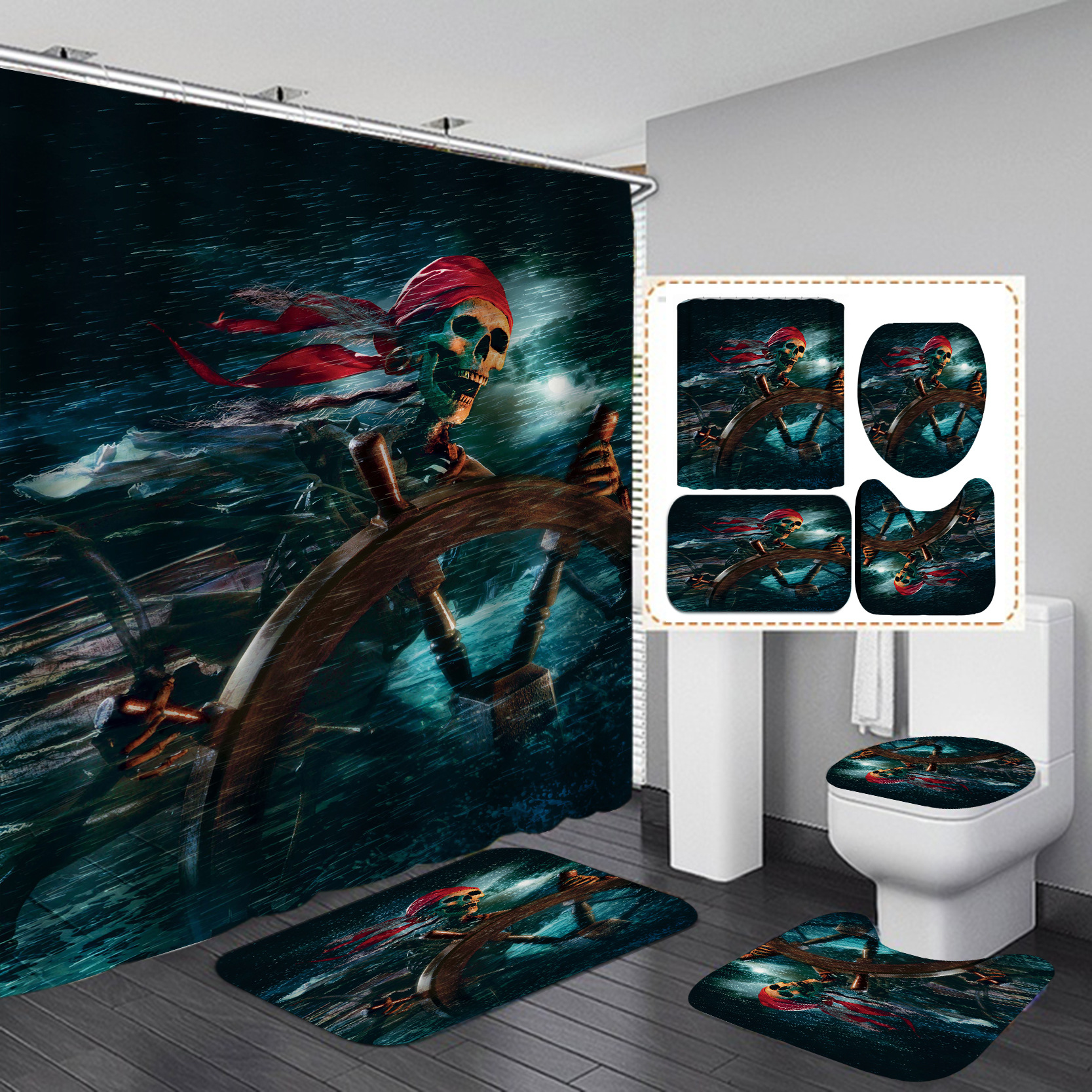 Amazon HD Digital Printing Shower Curtain Set Skull Waterproof Punch-Free Partition Curtain Hotel Rain Curtain