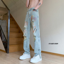 涂鸦破洞牛仔裤男夏季设计感小众拉链裤子高街vibe美式嘻哈直筒裤