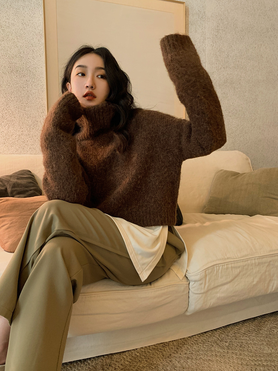 风高领套头设计粗针加厚绑带纽扣泡泡袖针织毛衣2020秋冬网红保暖个