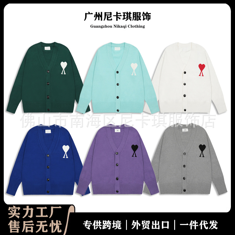ami针织开衫大爱心25SS新款高克重单排扣上衣V领跨境羊毛毛衣外套