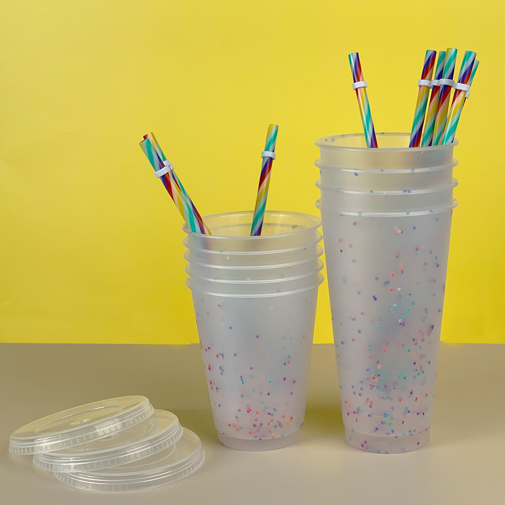 Colorful Chip Plastic Transparent Straw Cup 710ml Snowflake Color Changing Cold Temperature Sensitive Plastic Cup Milk Tea Coffee Straw Cup