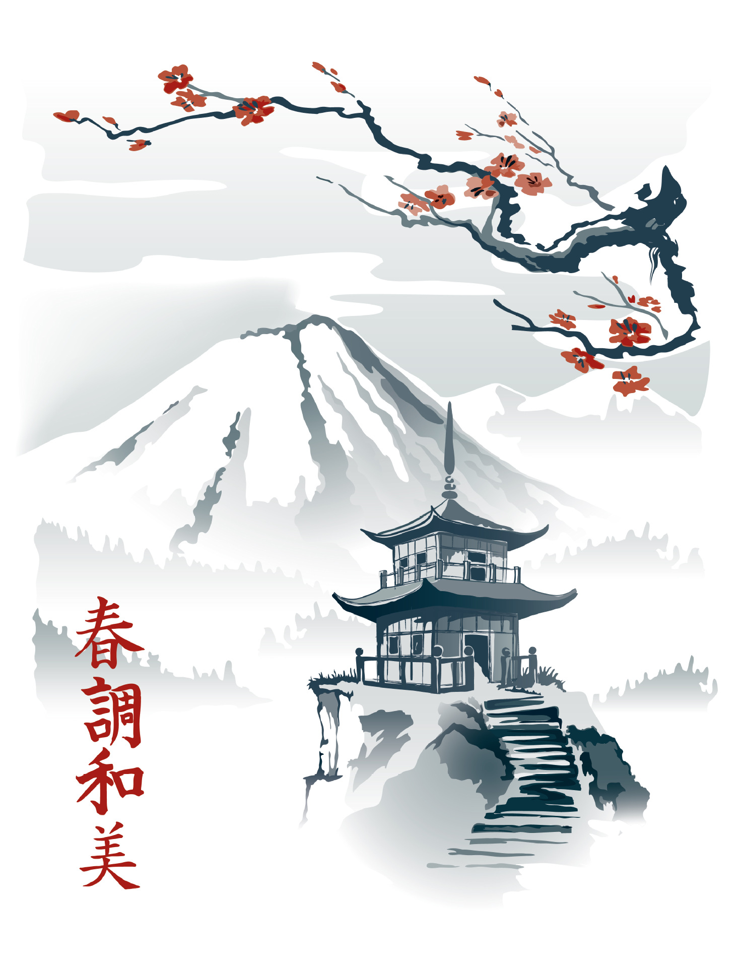 春调和美富士雪山阁楼古建筑梅花水墨画风景钻石画