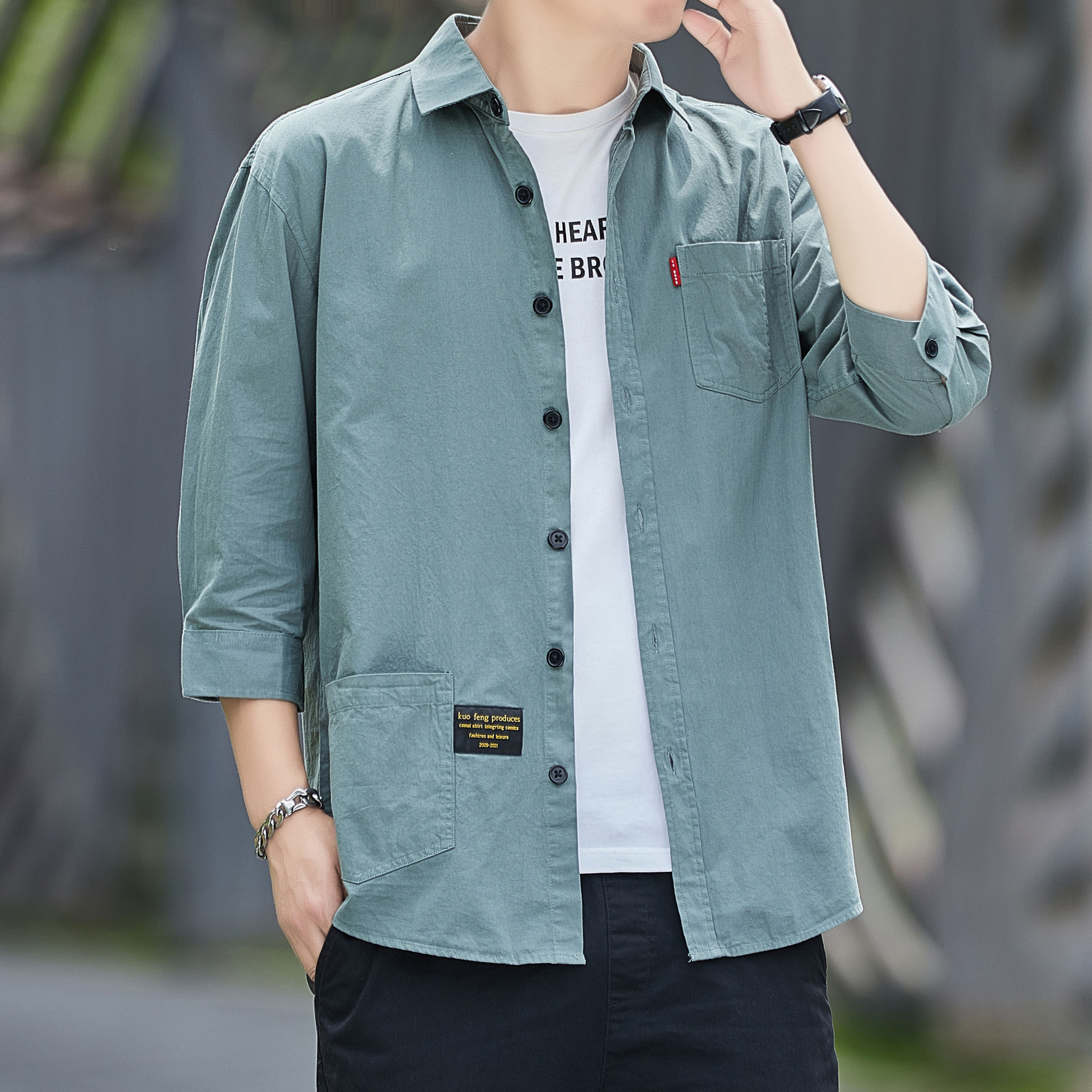 夏季新款纯棉七分袖衬衫男士薄款港风休闲工装全棉衬衣外套宽松潮