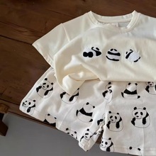 儿童套装夏季2024新款男女童熊猫短袖T恤宝宝夏装休闲满印短裤潮