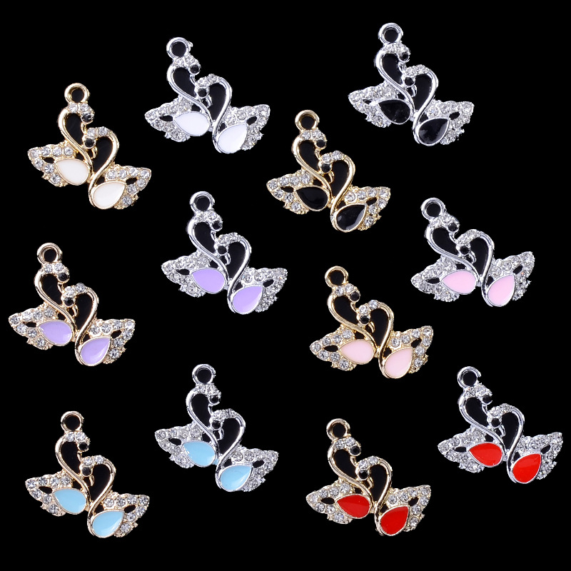 in stock direct supply all-match diamond-embedded double swan alloy accessory pendant elegant delicate earrings necklace diy pendant
