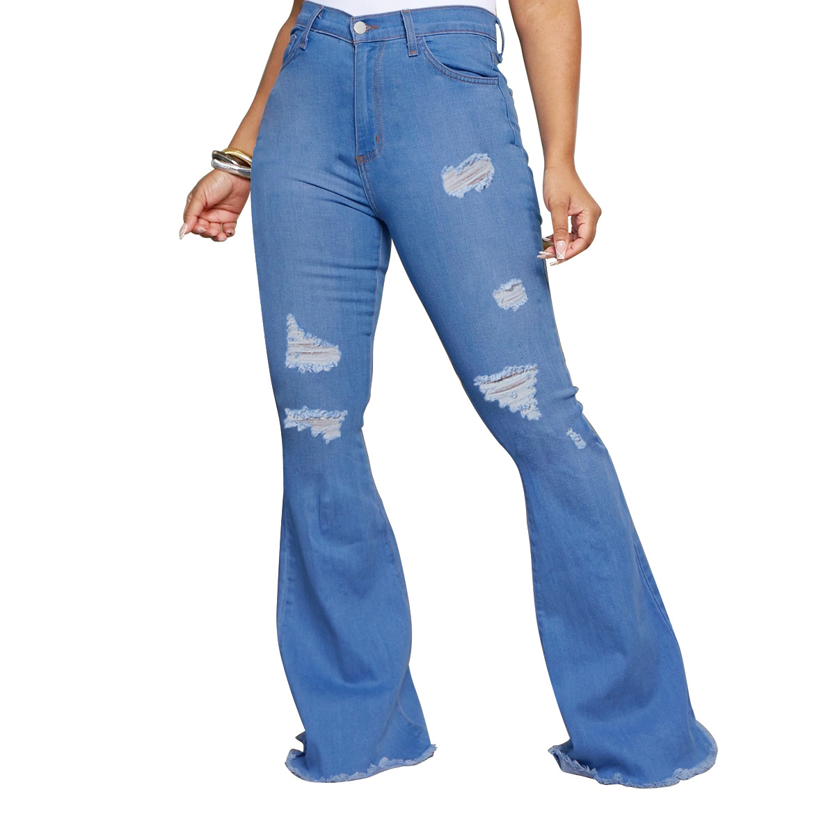   Zt60381 Traceable European and American Women's Clothing Jeans Amazon AliExpress Fashion Holes Denim Bell-Bottom Pants Women