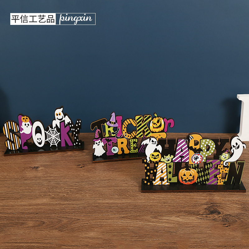 Halloween Decorations Wooden Craft Supplies Props with Base Wooden Letters Pumpkin Desktop Decorations