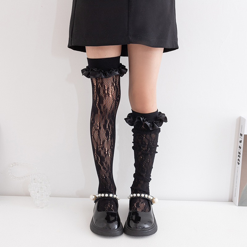 儿童花边过膝袜蕾丝花边高筒袜女童网袜新款花朵亲子袜洛丽长筒