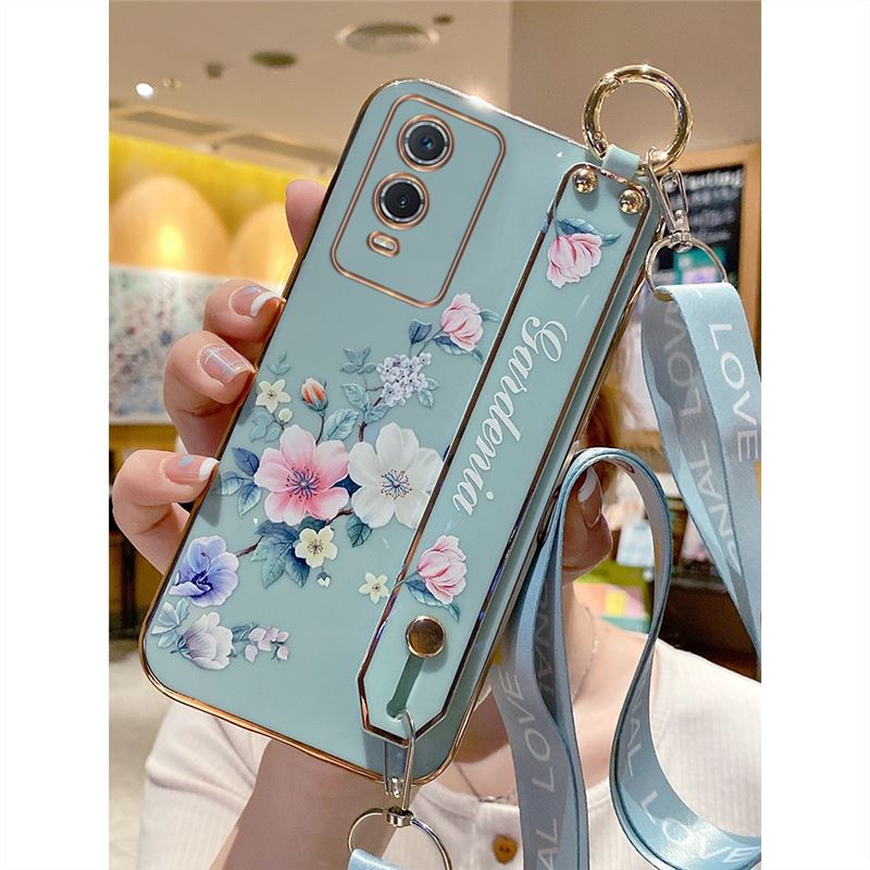 适用于vivoy76s手机壳vivo保护y76s硅胶套5g网红新品直边花卉腕带