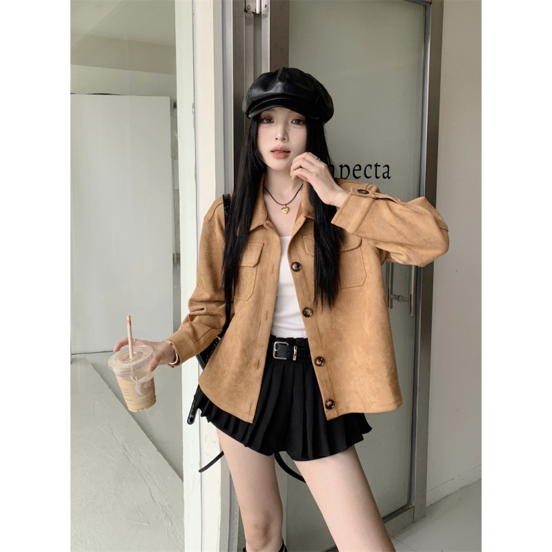 复古棕色翻领短款麂皮绒美拉德外套女秋小个子宽松休闲美拉德夹克