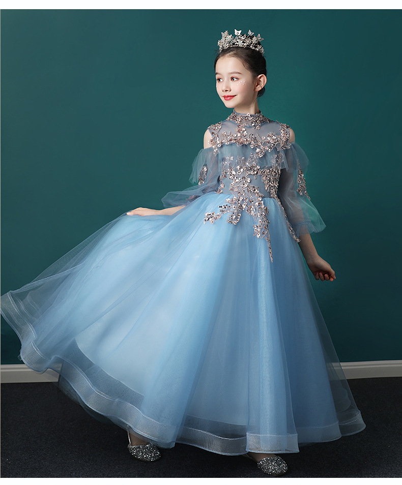 儿童礼服公主裙冬季2021新款女童主持人走秀钢琴演出服婚纱拖尾裙