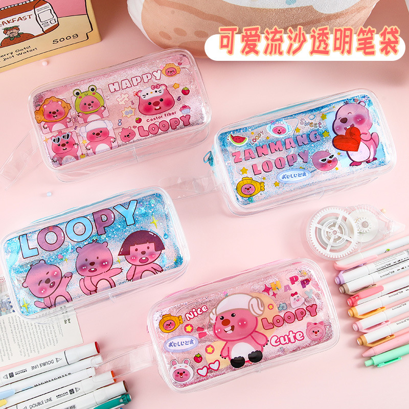 2024新款小海狸网红可爱流沙笔袋透明防水印花收纳包大容量笔袋