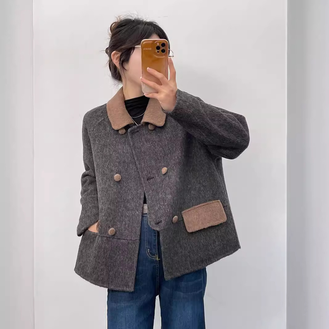 2024新款高级感双面呢短款羊绒羊毛大衣女常规款撞色拼接设计翻领