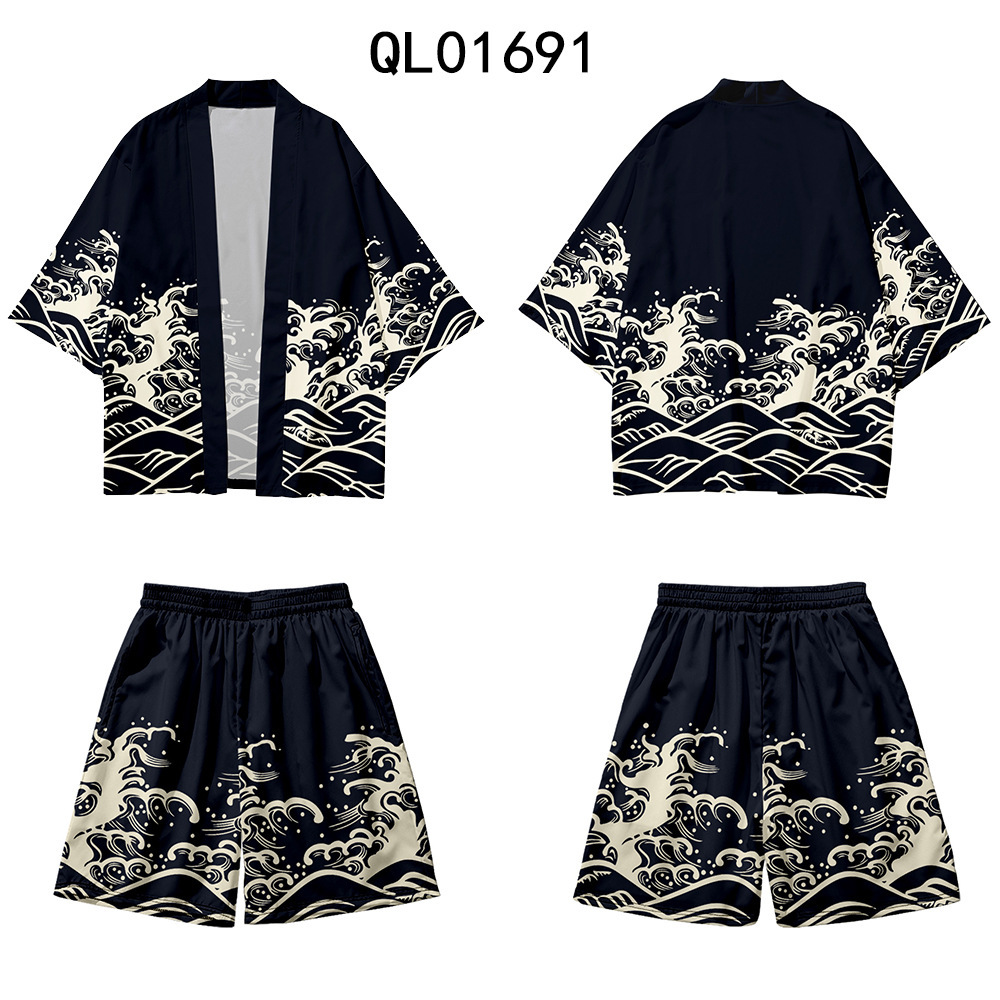 夏季羽织和服 波浪元素 3d数码印花七分衬衫道袍开衫宽松男-阿里巴巴