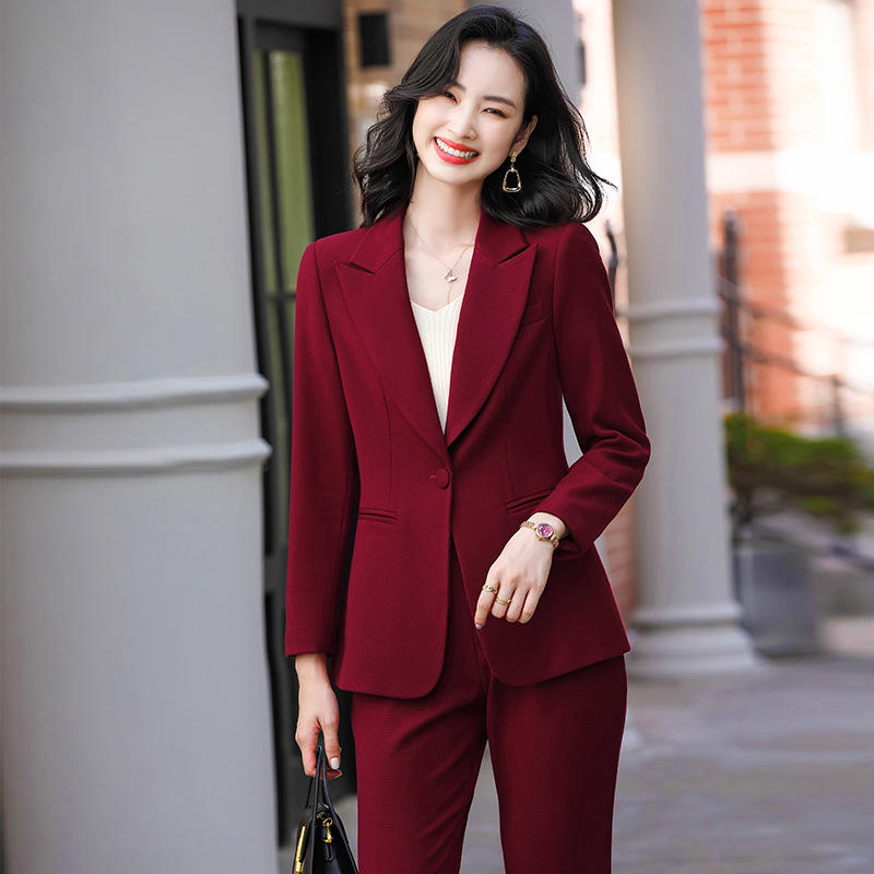 酒红色西装套装女长袖秋新款时尚气质女神范主持人总裁西服工作服