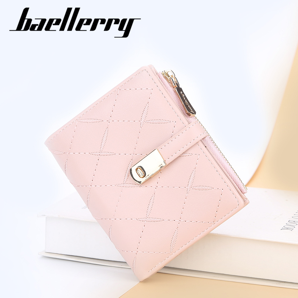 baellerry女士钱包短款抽带格纹绣花多卡位零钱包时尚拉链卡包女