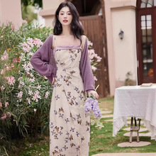 实拍 复古新中式紫色蝴蝶碎花吊带连衣裙+针织开衫