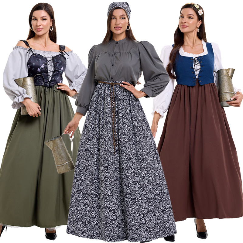 苏格兰殖民地时期欧洲中世纪宫廷复古连衣裙 COS舞台服万圣节服装