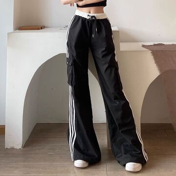 夏季高腰条纹休闲裤女宽松显瘦阔腿裤宽松百搭小个子高街长裤时尚