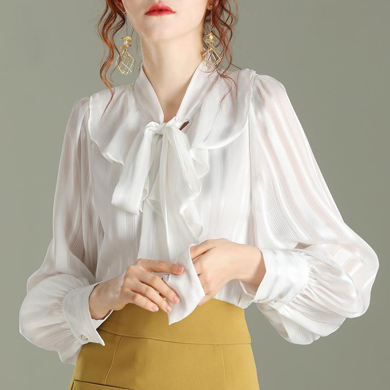 泡泡袖上衣灯笼袖宫廷风白色长袖雪纺衬衣2020荷叶边衬衫女蝴蝶结