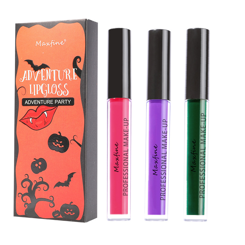 Cross-Border Makeup Maxfine Halloween Lip Glaze Set Wholesale Matte Lasting No Stain on Cup Non-Fading Foreign Trade