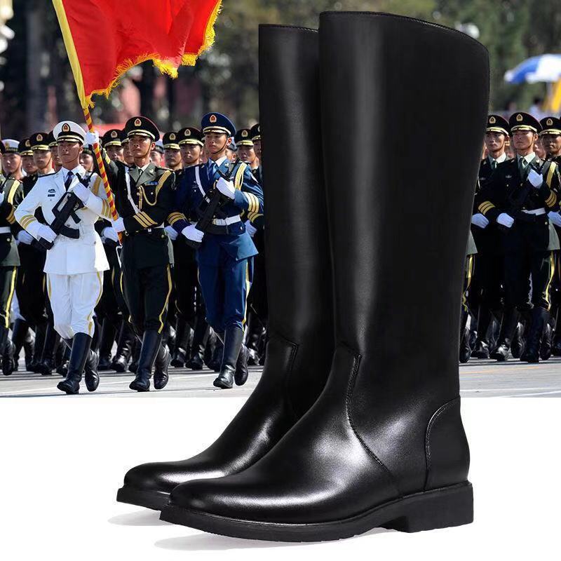 长筒靴子男女秋冬加棉皮靴国旗班仪仗队拉链靴马靴皮革拼接演出靴