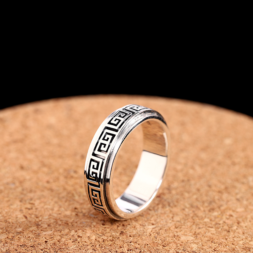 人品银品 s925银做旧时来运转戒指 时尚复古男士可转动戒指 跨境