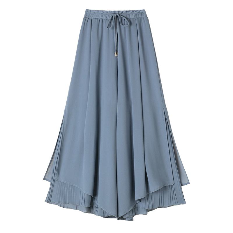 Real Shot Chiffon Wide-Leg Pants Women's 2024 Summer High Waist Culottes Loose Drooping Elegant Cropped Pleated Divided Skirt