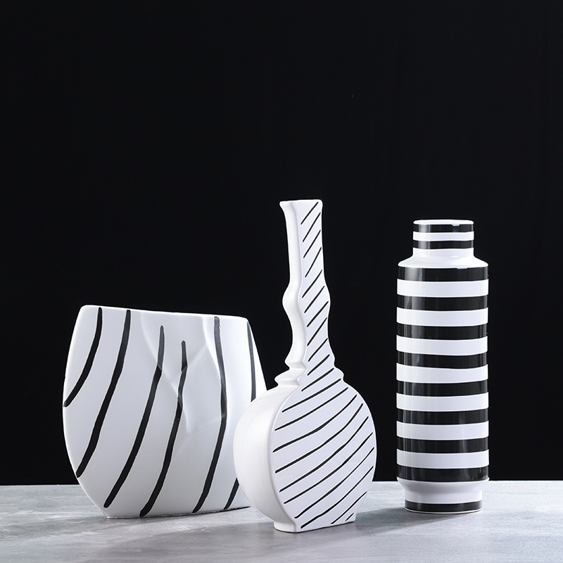 Light Luxury Nordic Minimalist Black and White Striped Flower Arrangement Ceramic Vase Fashion Home Soft Decoration Ornaments