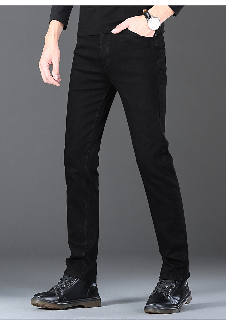 2021秋冬款男士弹力直筒长裤中青年休闲 修身小脚纯黑色牛仔裤男