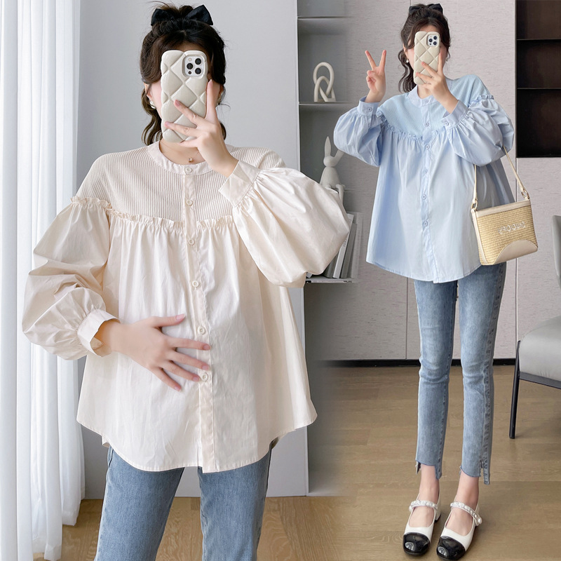 real shot spot 2024 spring new pregnant women korean style stitching loose-fitting peasant blouse top