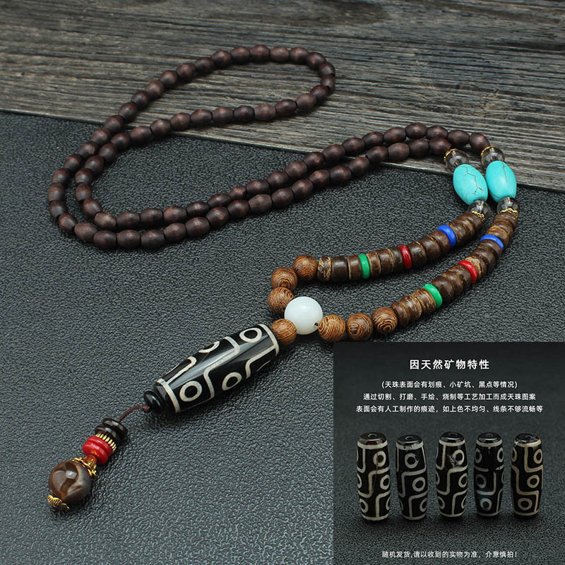 Ethnic Style Tibetan Style Dzi Bead Agate Necklace Men and Women Couple Wooden Long Sweater Chain Vintage Accessories Pendant