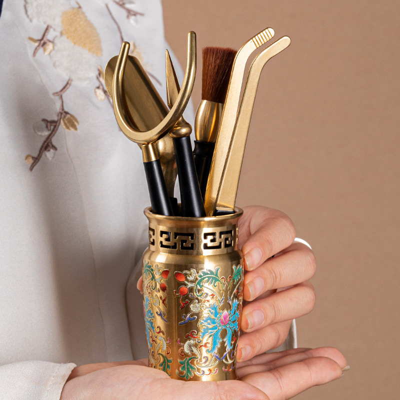 珐琅彩纯铜六君子功夫茶具配件大全茶道茶杯垫茶叶夹子茶刀套装