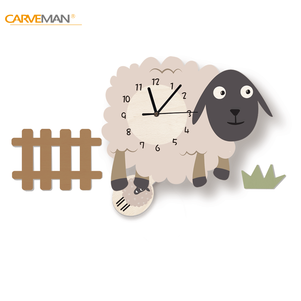 funlife北欧动物款童趣摆锤钟 可爱绵羊挂钟 创意静音钟表 uwc012