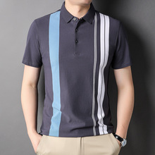 短袖T恤男士夏季新款潮流设计感拼色竖条纹有领t裇半袖Polo衫