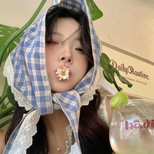 复古甜美可爱蕾丝格子三角巾头巾女海边法式田园韩系发带包头时尚