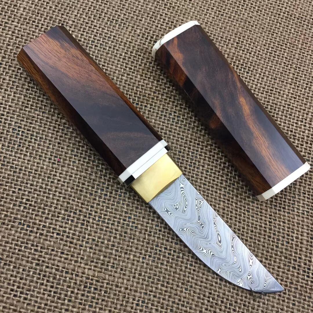 随身小刀防身军刀高硬度收藏刀 荒野求生户外刀具大马士革钢刀