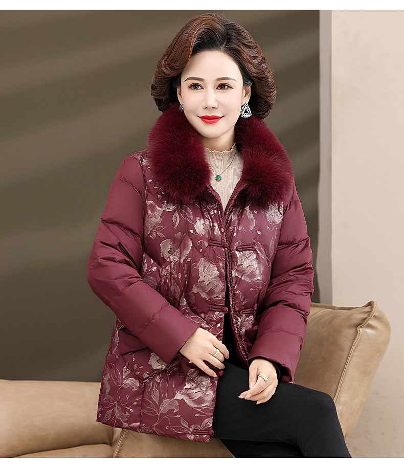 中老年妈妈装棉服棉衣加绒加厚大毛领印花气质保暖外套40岁50女冬